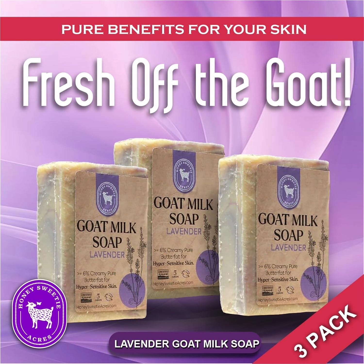 Honey Sweetie Acres 3-Pack Lavender Goat Milk Soap - Handmade 5 oz Bar, Made with Natural Ingredients, Moisturizing & Gentle, Made in the USA