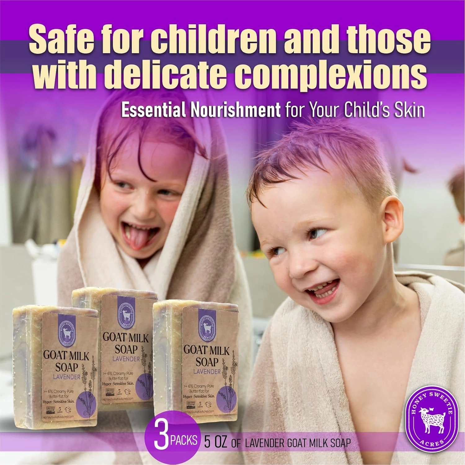 Honey Sweetie Acres 3-Pack Lavender Goat Milk Soap - Handmade 5 oz Bar, Made with Natural Ingredients, Moisturizing & Gentle, Made in the USA