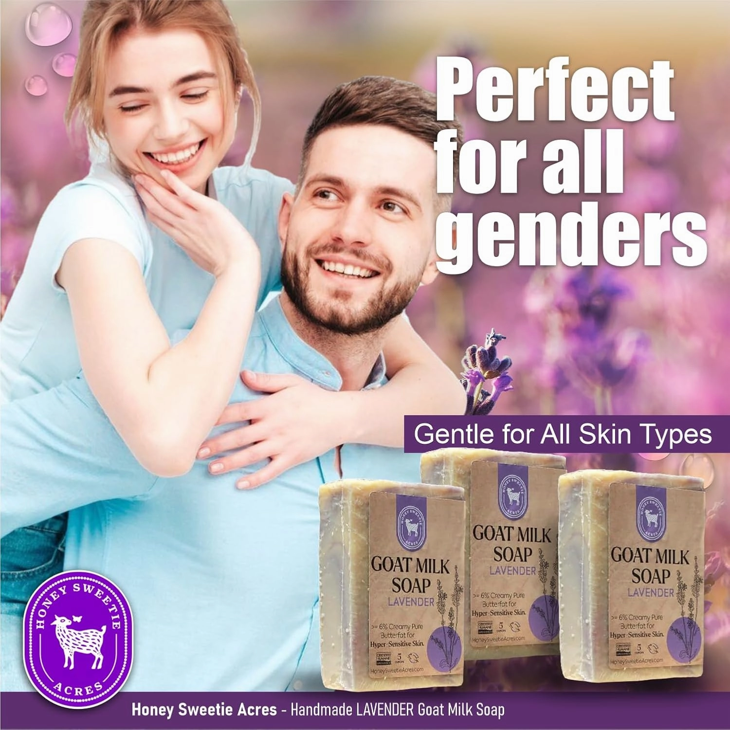 Honey Sweetie Acres 3-Pack Lavender Goat Milk Soap - Handmade 5 oz Bar, Made with Natural Ingredients, Moisturizing & Gentle, Made in the USA