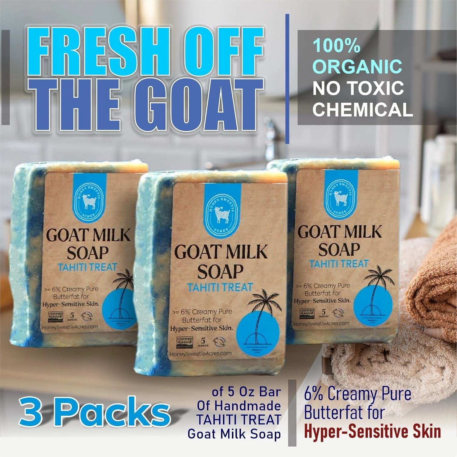 Honey Sweetie Acres 3-Pack Tahiti Treat Goat Milk Soap - Handmade 5 oz Bar, Made with Natural Ingredients, Moisturizing & Gentle, Made in the USA