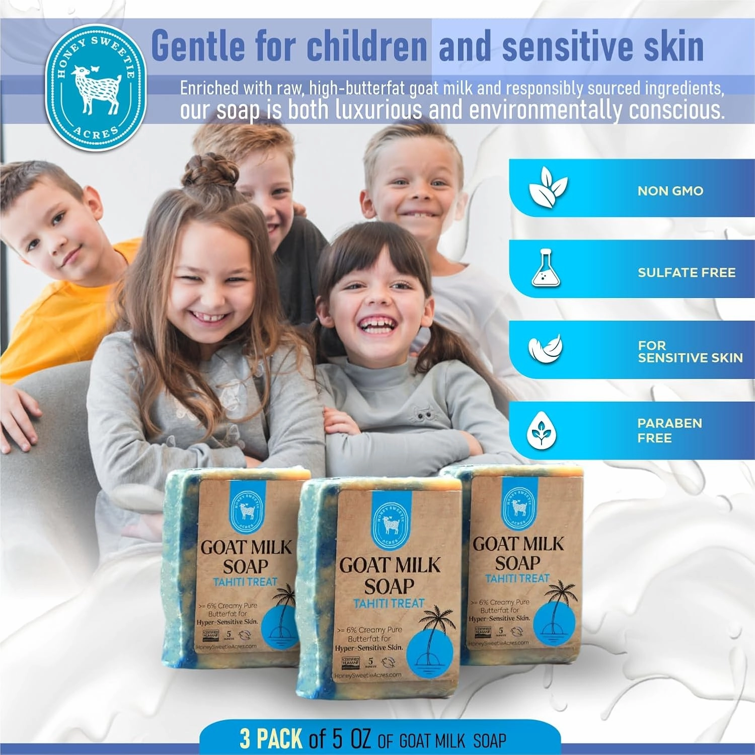 Honey Sweetie Acres 3-Pack Tahiti Treat Goat Milk Soap - Handmade 5 oz Bar, Made with Natural Ingredients, Moisturizing & Gentle, Made in the USA