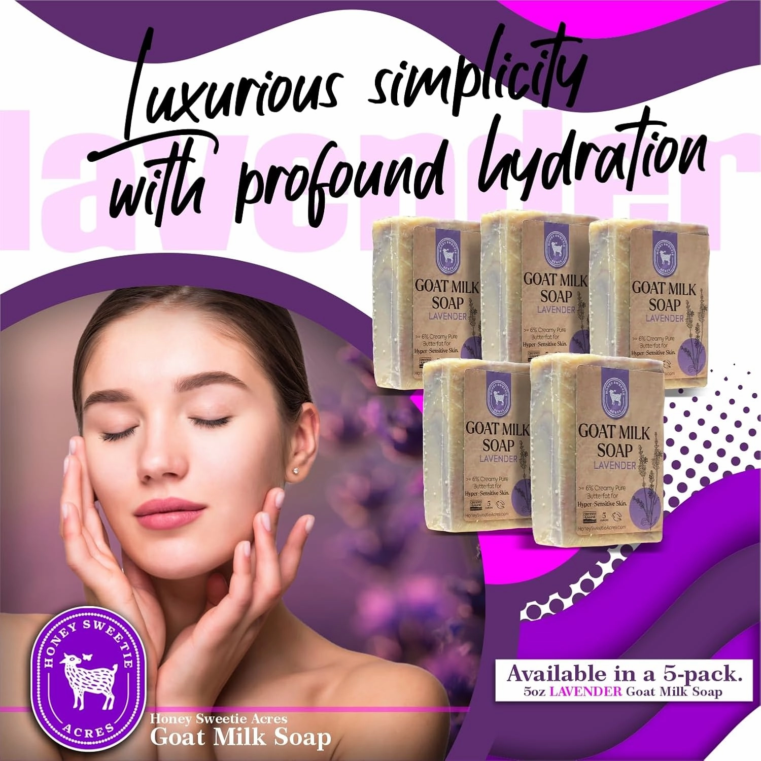 Honey Sweetie Acres 5-Pack Lavender Goat Milk Soap - Handmade 5 oz Bar, Made with Natural Ingredients, Moisturizing & Gentle, Made in the USA