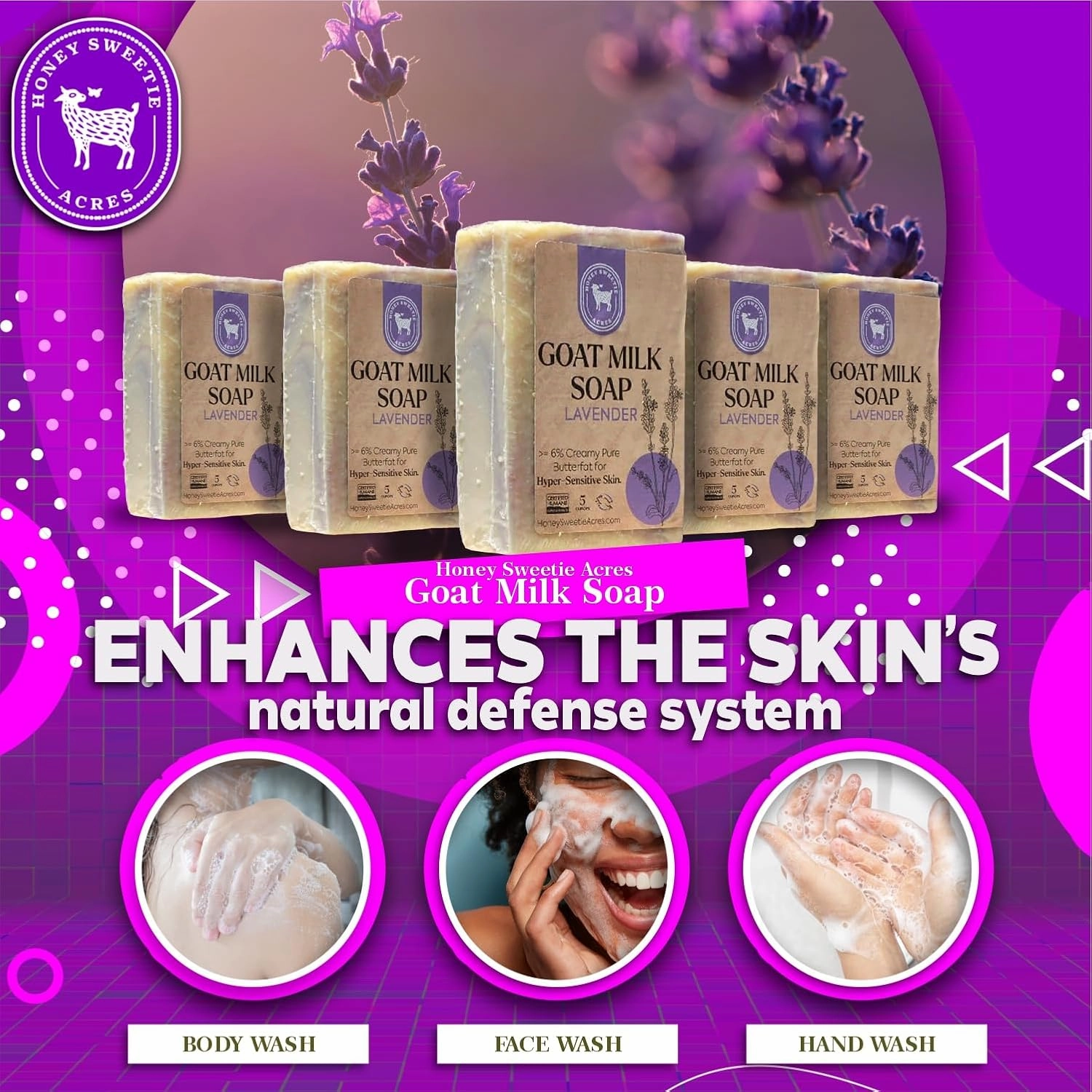 Honey Sweetie Acres 5-Pack Lavender Goat Milk Soap - Handmade 5 oz Bar, Made with Natural Ingredients, Moisturizing & Gentle, Made in the USA