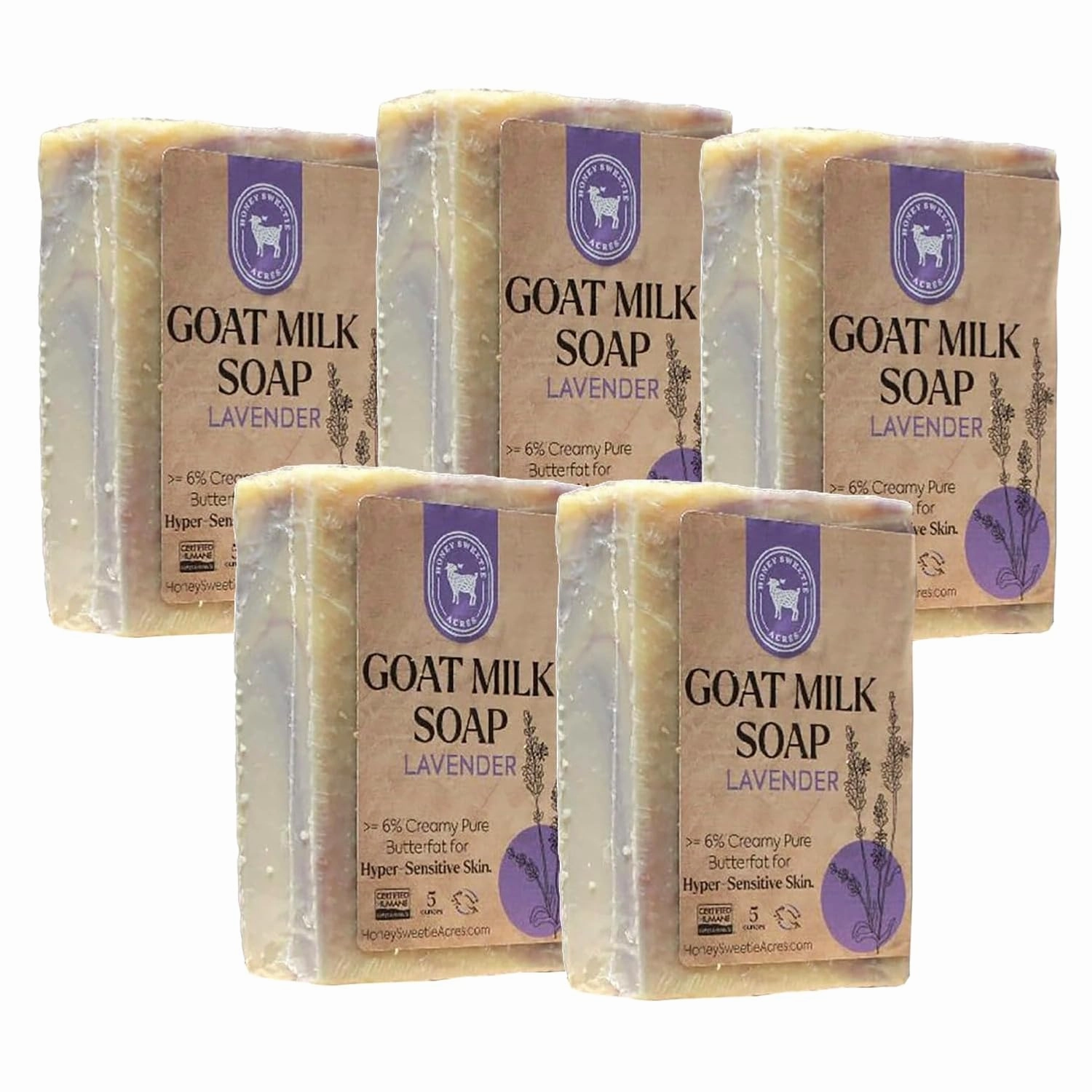 Honey Sweetie Acres 5-Pack Lavender Goat Milk Soap - Handmade 5 oz Bar, Made with Natural Ingredients, Moisturizing & Gentle, Made in the USA