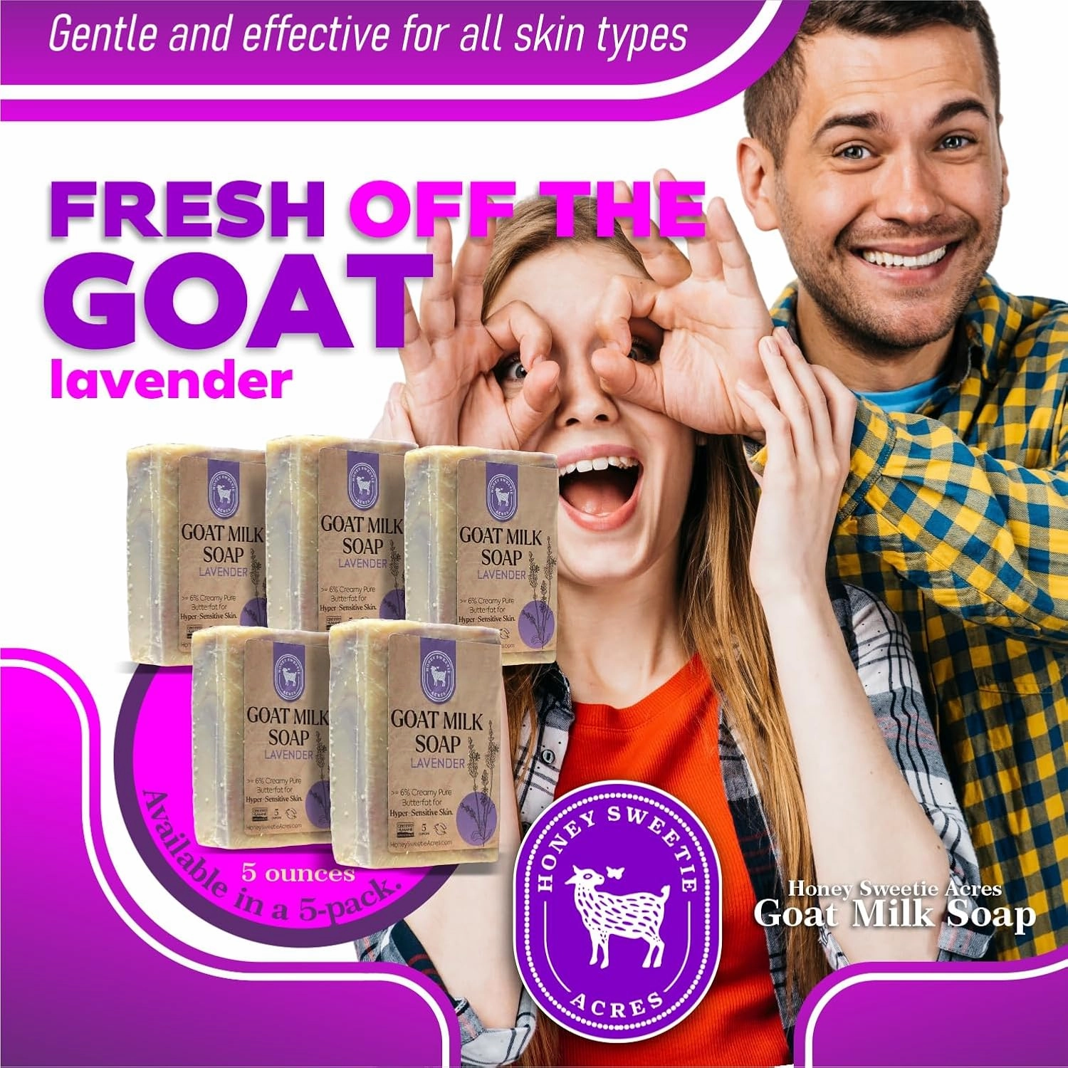 Honey Sweetie Acres 5-Pack Lavender Goat Milk Soap - Handmade 5 oz Bar, Made with Natural Ingredients, Moisturizing & Gentle, Made in the USA