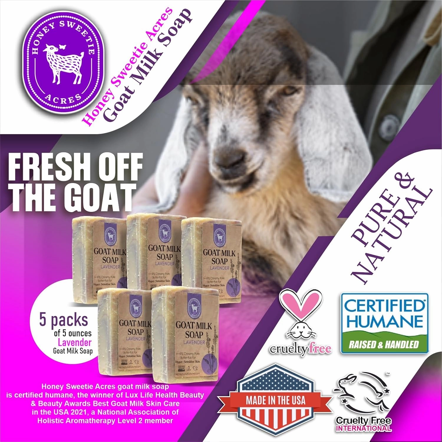 Honey Sweetie Acres 5-Pack Lavender Goat Milk Soap - Handmade 5 oz Bar, Made with Natural Ingredients, Moisturizing & Gentle, Made in the USA