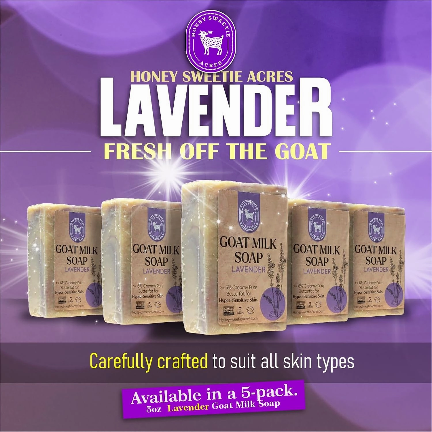 Honey Sweetie Acres 5-Pack Lavender Goat Milk Soap - Handmade 5 oz Bar, Made with Natural Ingredients, Moisturizing & Gentle, Made in the USA