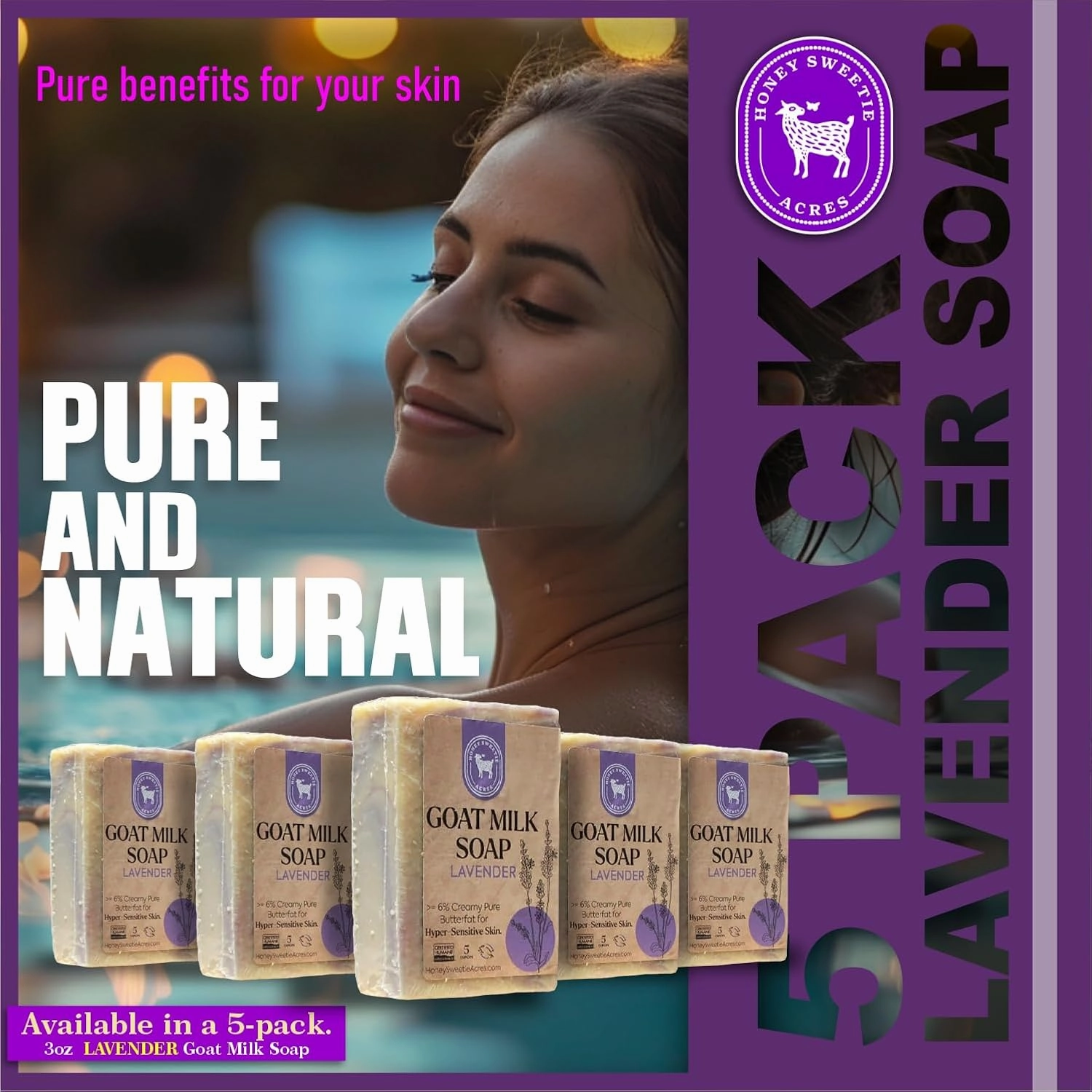 Honey Sweetie Acres 5-Pack Lavender Goat Milk Soap - Handmade 5 oz Bar, Made with Natural Ingredients, Moisturizing & Gentle, Made in the USA