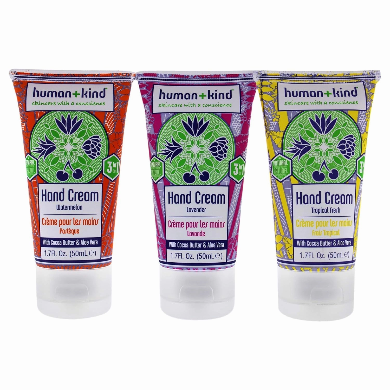Human Kind Moisturizing Hand Cream Trio - Three Scented Hydrating Creams with Avocado Oil and Shea Butter - Intense, Fast Absorbing Moisturizer for Smooth Skin - For Dry, Cracked Skin Relief - 3 pc