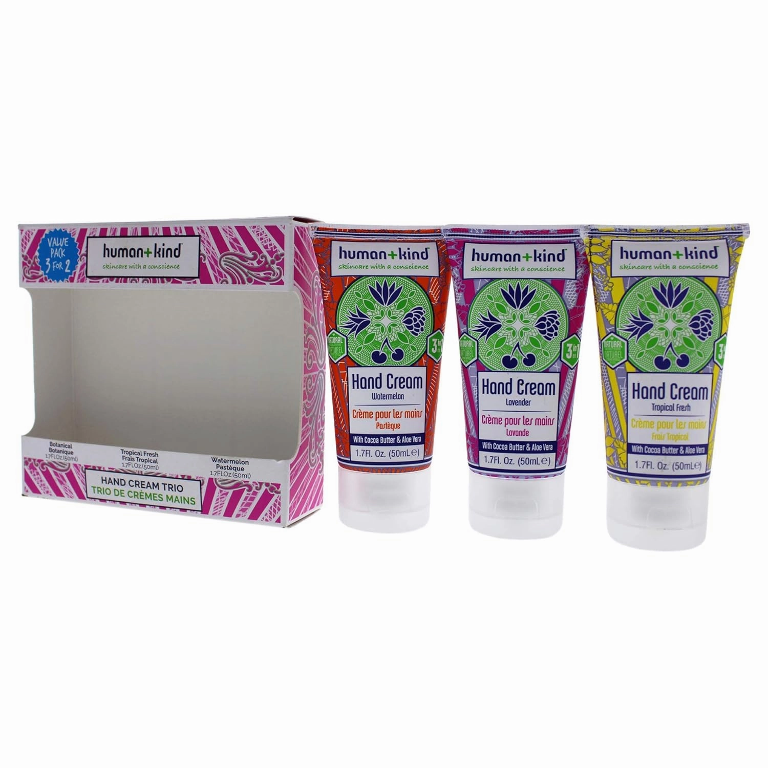 Human Kind Moisturizing Hand Cream Trio - Three Scented Hydrating Creams with Avocado Oil and Shea Butter - Intense, Fast Absorbing Moisturizer for Smooth Skin - For Dry, Cracked Skin Relief - 3 pc