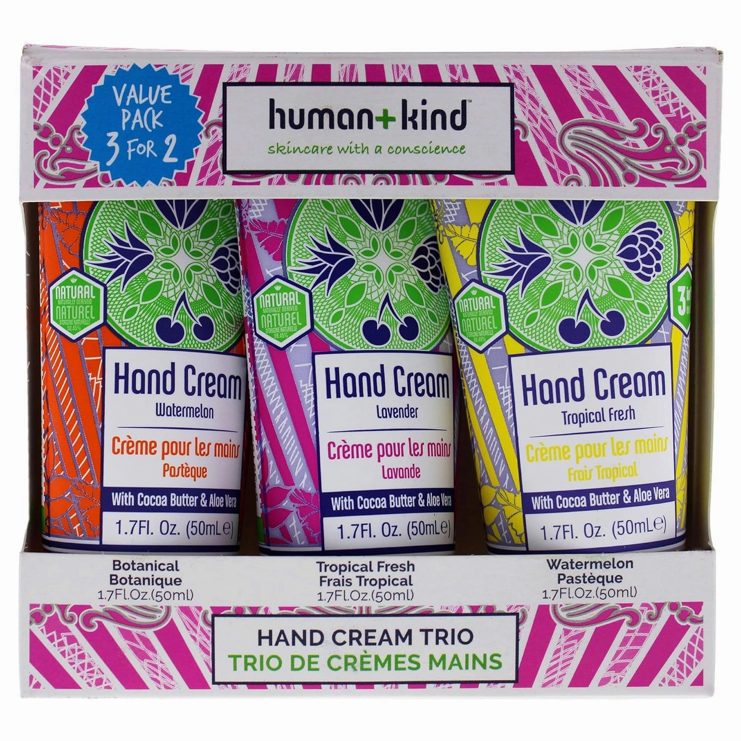 Human Kind Moisturizing Hand Cream Trio - Three Scented Hydrating Creams with Avocado Oil and Shea Butter - Intense, Fast Absorbing Moisturizer for Smooth Skin - For Dry, Cracked Skin Relief - 3 pc