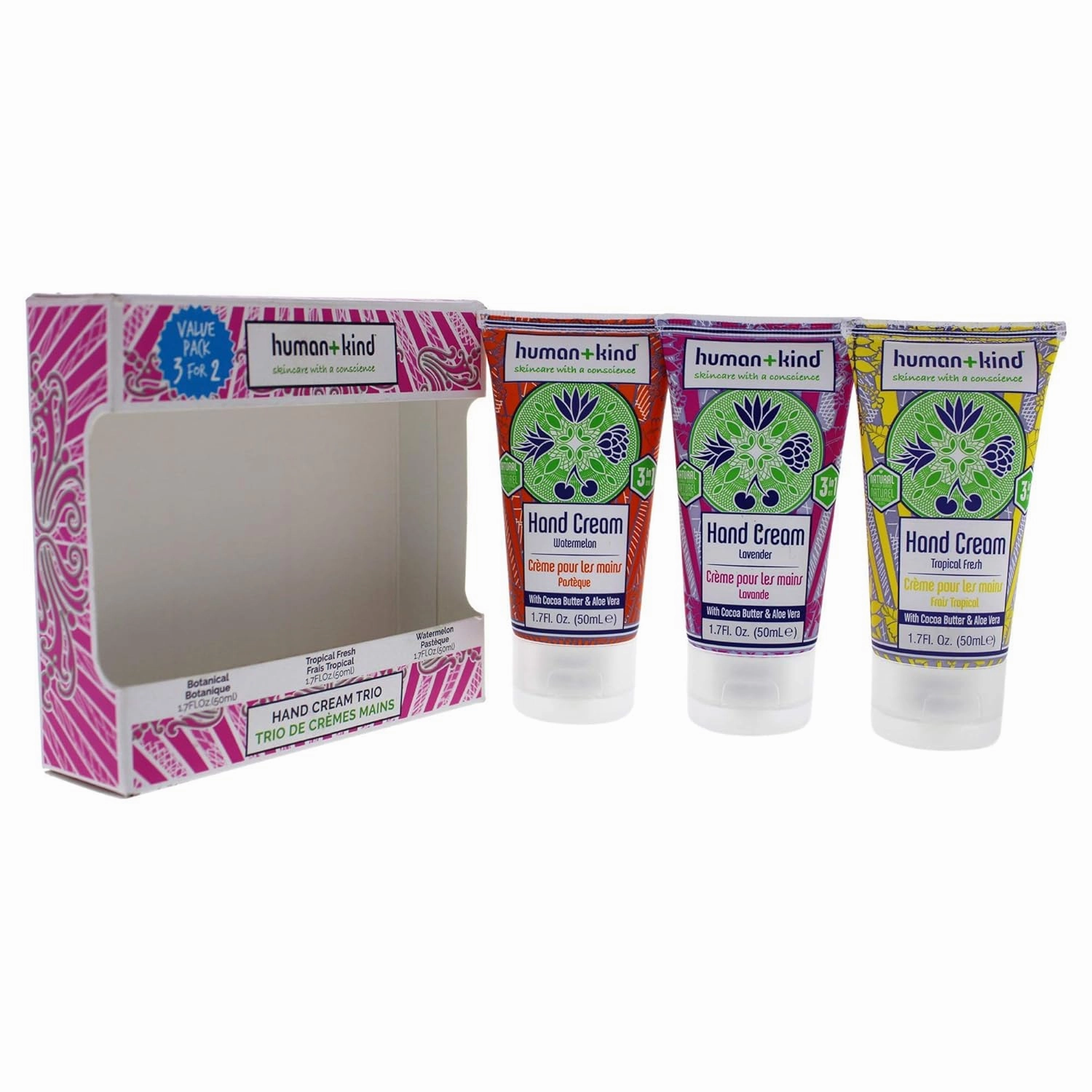 Human Kind Moisturizing Hand Cream Trio - Three Scented Hydrating Creams with Avocado Oil and Shea Butter - Intense, Fast Absorbing Moisturizer for Smooth Skin - For Dry, Cracked Skin Relief - 3 pc
