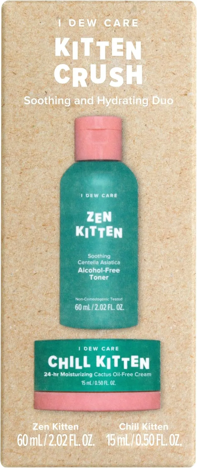 I Dew Care Travel Skincare Set - Kitten Crush | With Centella Asiatica, Prickly Pear, Aloe Vera, Heartleaf Extract, Hydrating, Facial Toner, and Moisturizer for Blemished Skin, Gift, Gift Set, Spa Day