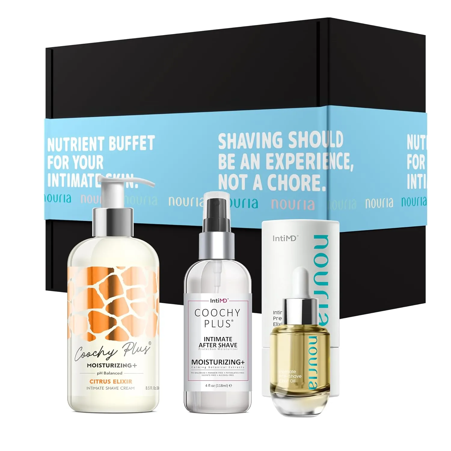 IntiMD Coochy Plus HydroLock Moisturizing  3-Steps Kit Intimate Shave Gift Set: Nouria Pre-Shave Elixir Oil   Coochy Plus Shave Cream Citrus Elixir   Coochy Plus After Shave Protection Mist
