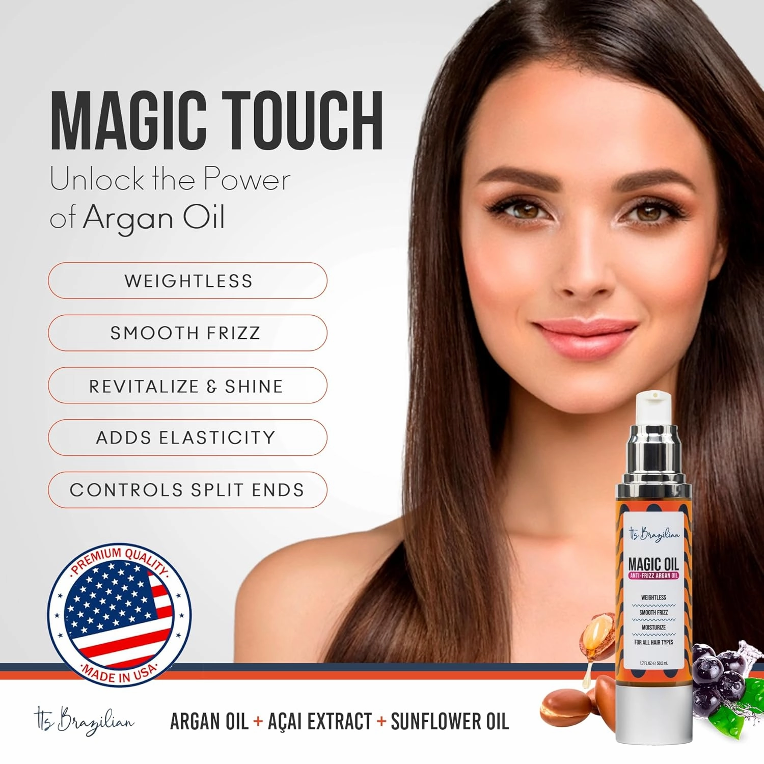 IT'S BRAZILIAN - 2 Pack 100% Pure Organic Argan Oil 1.7Floz -Hair Care Treatment Dry, Damaged & Anti-Frizz -Nourishment & Moisturizing Formula -All Hair - Hair Growth Products, Renewing, Strengthening