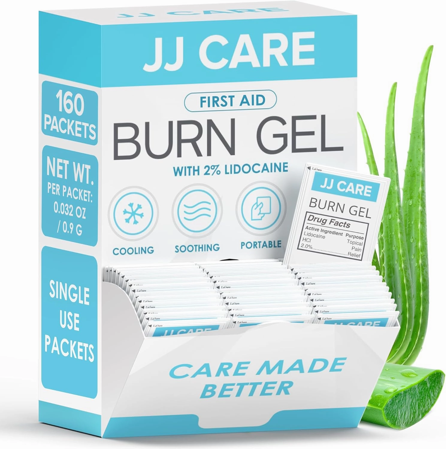 JJ CARE Burn Gel (Pack of 160), Soothing Burn Gel Packets for Minor Burns, First Aid Jel & Sunburn Relief Individual Packets with Lidocaine and Aloe Vera (0.9 Grams per Packet)