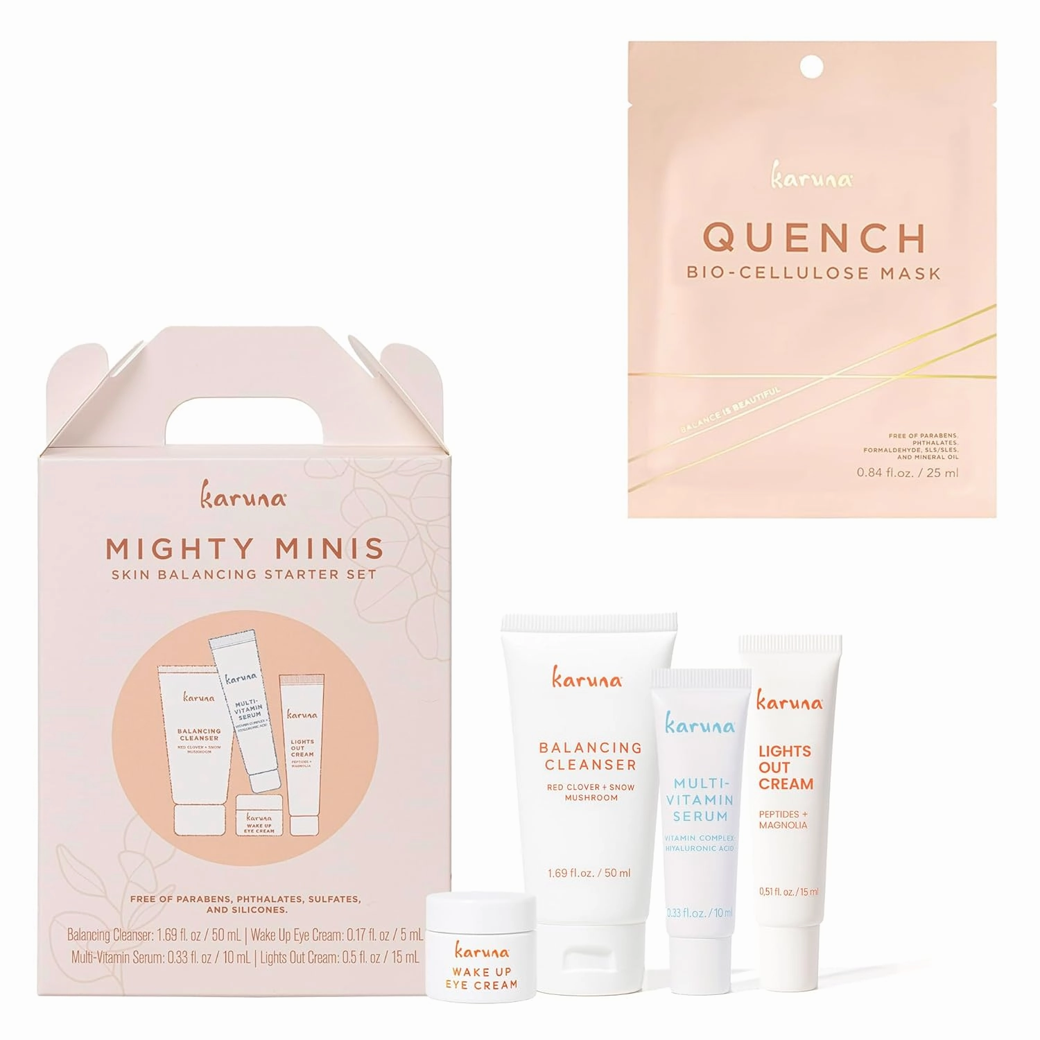 Karuna Mighty Minis Starter Set with Quench Facial Sheet Mask, Moisture-Rich Skincare Duo for Soft, Supple, and Hydrated Skin