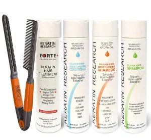 KERATIN FORTE Extra Strength Brazilian Keratin Hair Treatment Professional 300ml Set Including Moisturizing Shampoo, Moisturizing Conditioner, Clarifying Shampoo, Brush/Comb Proven Amazing Results