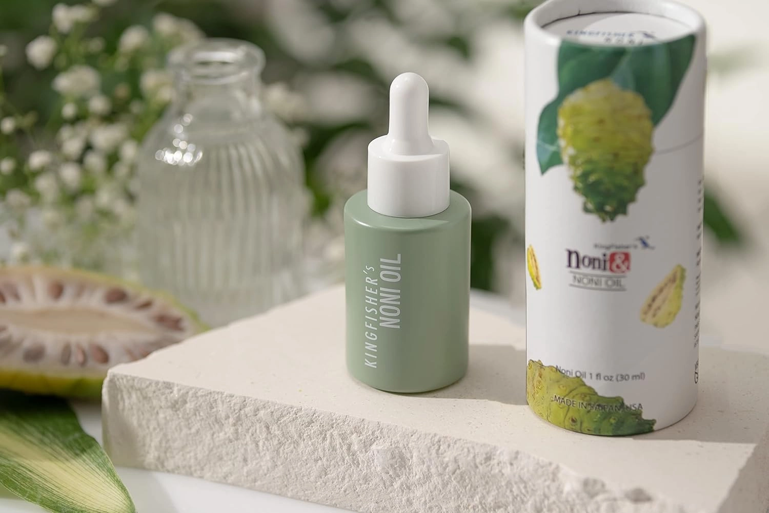 Kingfisher's Noni Oil, Made from Organic Noni Fruit & Extra Virgin Coconut oil, Anti-aging face oil, Ideal for Dry Skin (elbows, heels, or knees), Nourishing Scalp Oil, Massage oil 30ml
