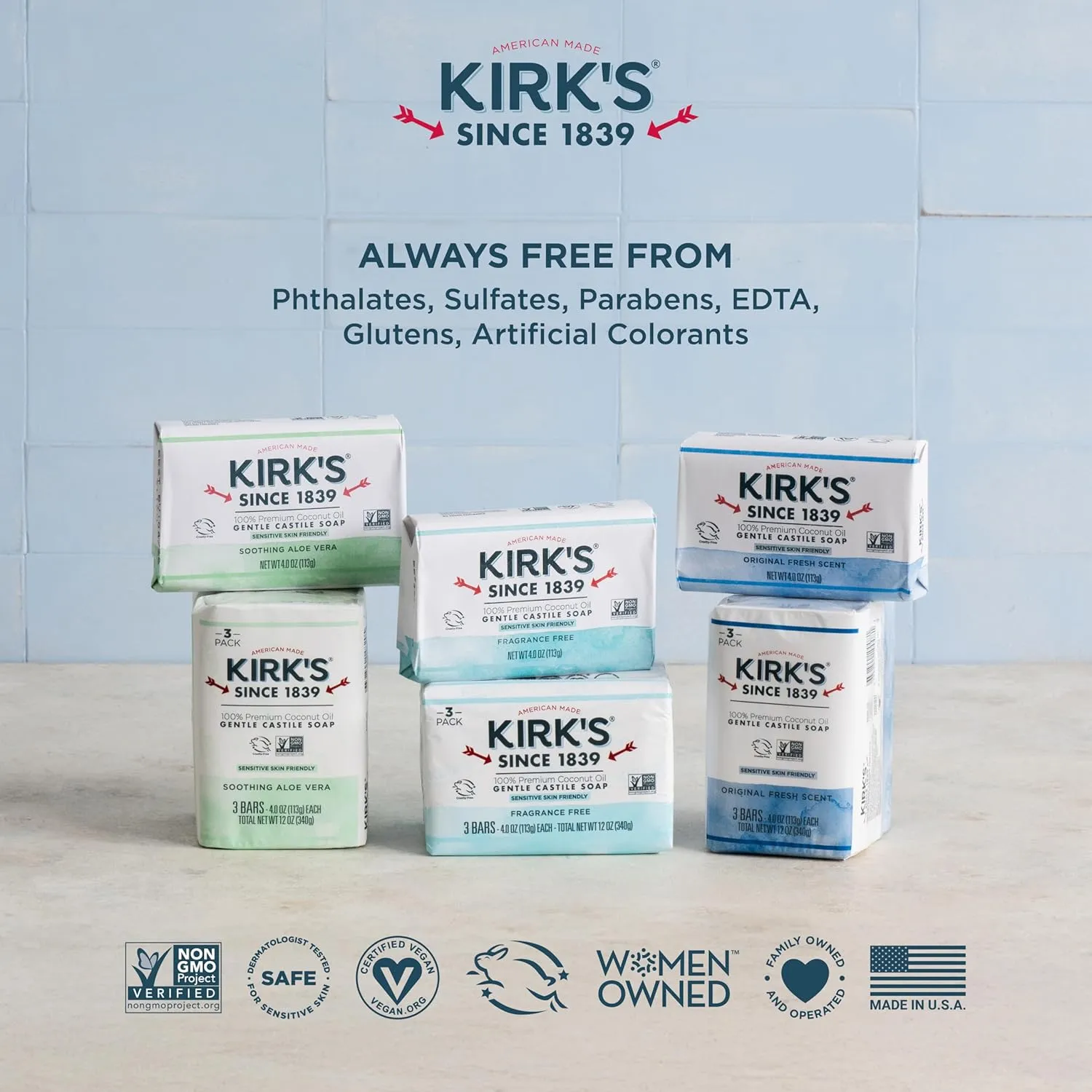 Kirk's Castile Bar Soap for Men, Women & Children - Made with Premium Coconut Oil, Sensitive Skin Formula, Vegan, Non GMO, Original Fresh Scent, 4 oz. Bars, 48 Pack