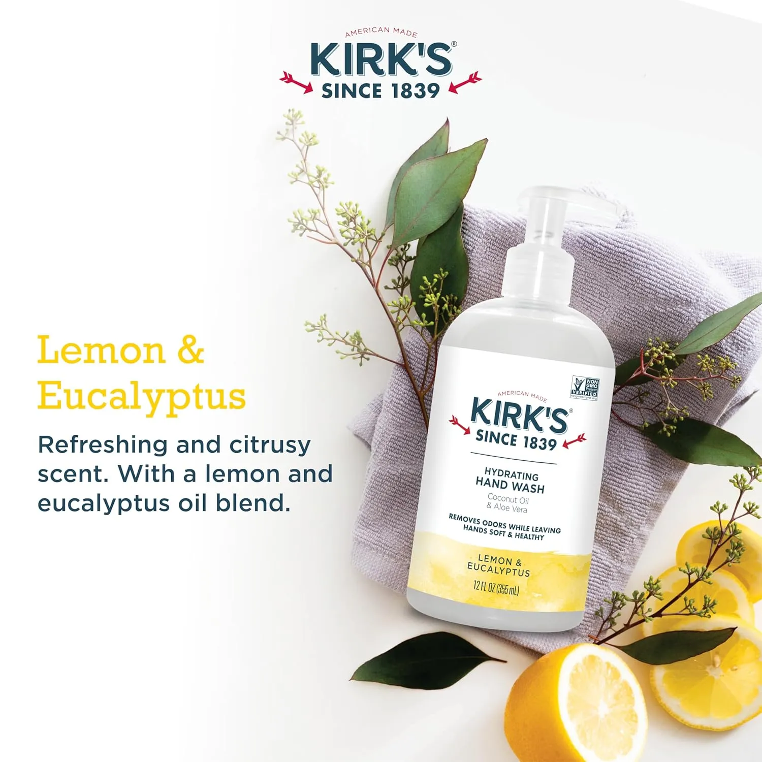 Kirk's Hydrating Hand Wash - Made with Coconut Oil and Aloe Vera, With Odor Neutralizing Technology To Help Eliminate Odors, Non-GMO, Vegan, Lemon & Eucalyptus, 12 Fl Oz. 4 pack