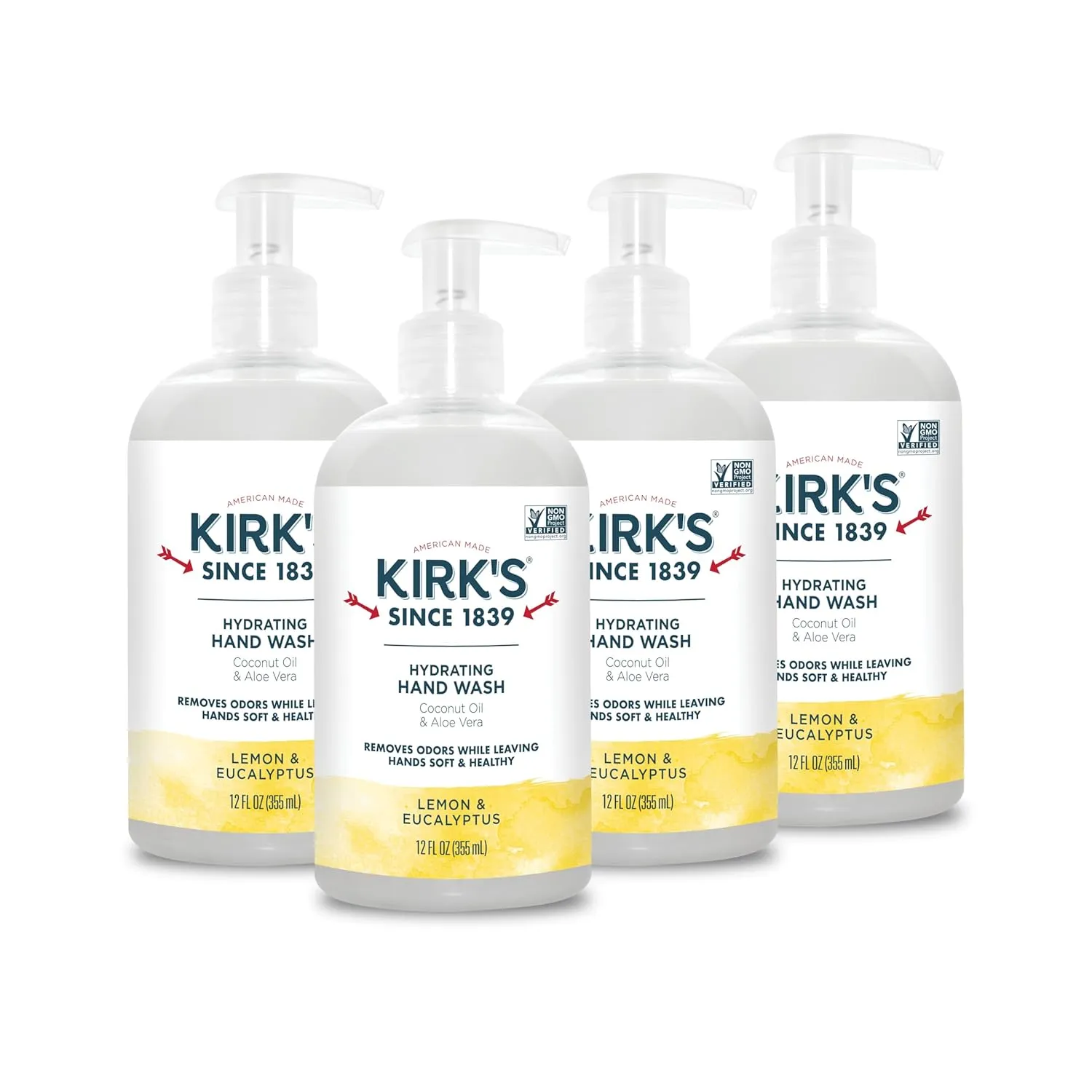 Kirk's Hydrating Hand Wash - Made with Coconut Oil and Aloe Vera, With Odor Neutralizing Technology To Help Eliminate Odors, Non-GMO, Vegan, Lemon & Eucalyptus, 12 Fl Oz. 4 pack