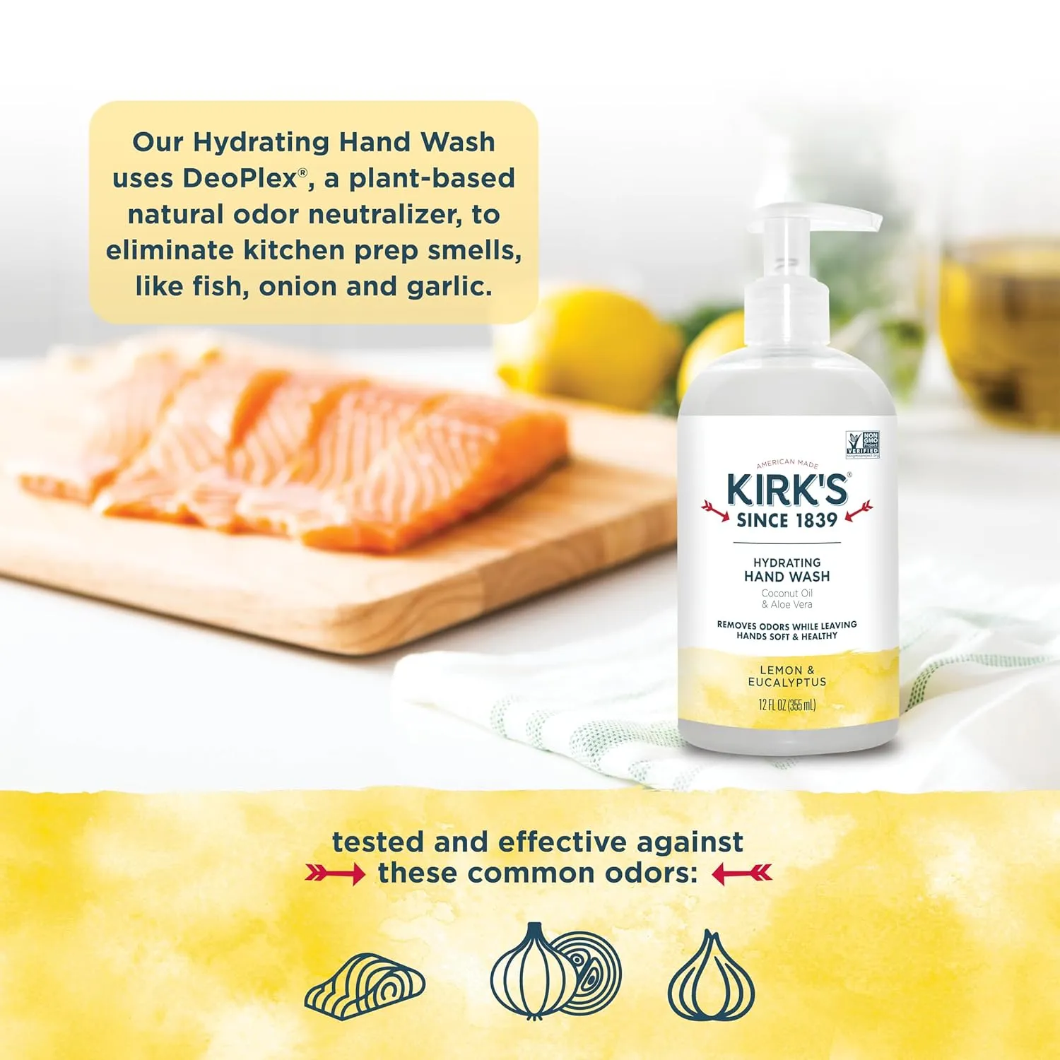 Kirk's Hydrating Hand Wash - Made with Coconut Oil and Aloe Vera, With Odor Neutralizing Technology To Help Eliminate Odors, Non-GMO, Vegan, Lemon & Eucalyptus, 12 Fl Oz. 4 pack