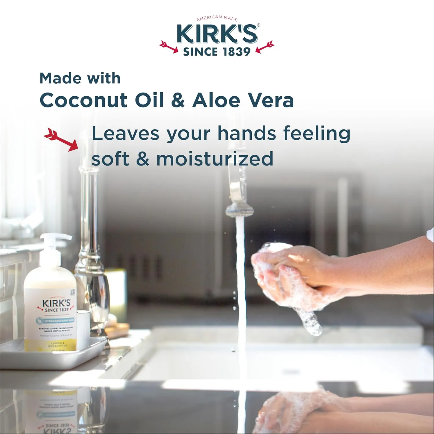 Kirk's Hydrating Hand Wash - Made with Coconut Oil and Aloe Vera, With Odor Neutralizing Technology To Help Eliminate Odors, Non-GMO, Vegan, Lemon & Eucalyptus, 12 Fl Oz. 4 pack
