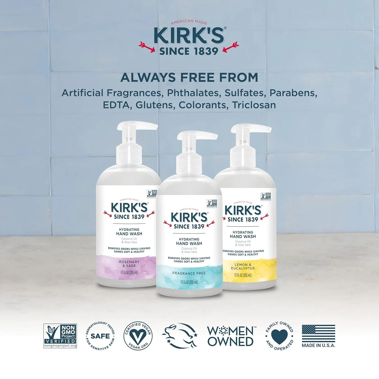 Kirk's Hydrating Hand Wash - Made with Coconut Oil and Aloe Vera, With Odor Neutralizing Technology To Help Eliminate Odors, Non-GMO, Vegan, Lemon & Eucalyptus, 12 Fl Oz. 4 pack