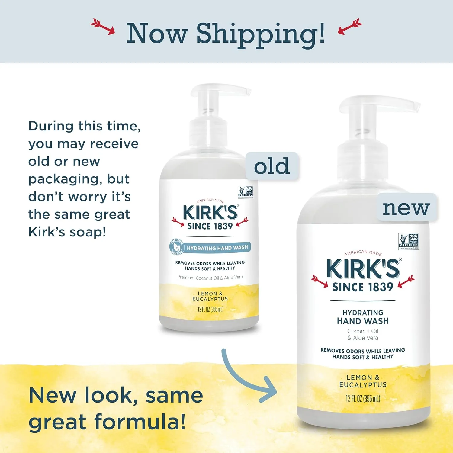 Kirk's Hydrating Hand Wash - Made with Coconut Oil and Aloe Vera, With Odor Neutralizing Technology To Help Eliminate Odors, Non-GMO, Vegan, Lemon & Eucalyptus, 12 Fl Oz. 4 pack