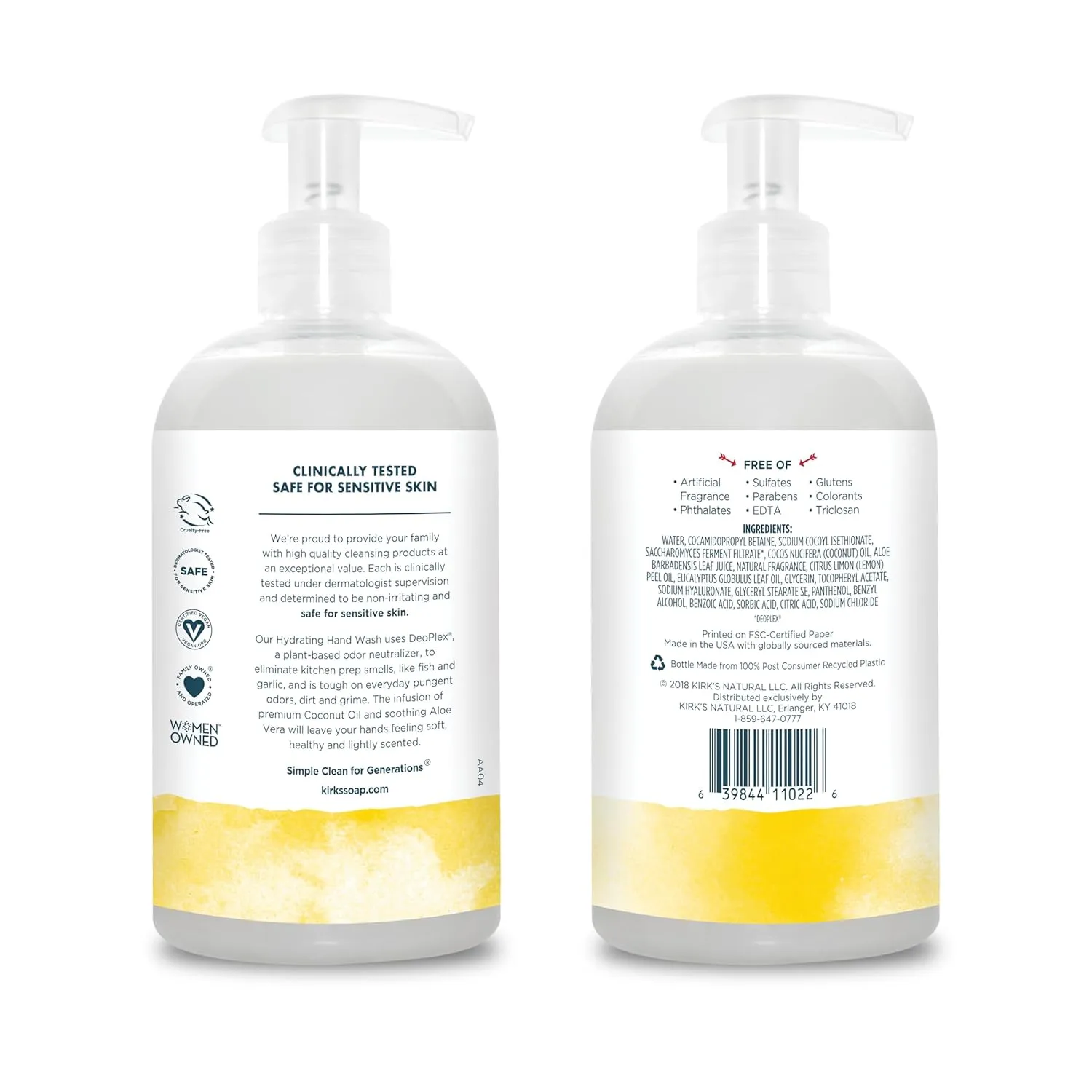 Kirk's Hydrating Hand Wash - Made with Coconut Oil and Aloe Vera, With Odor Neutralizing Technology To Help Eliminate Odors, Non-GMO, Vegan, Lemon & Eucalyptus, 12 Fl Oz. 4 pack