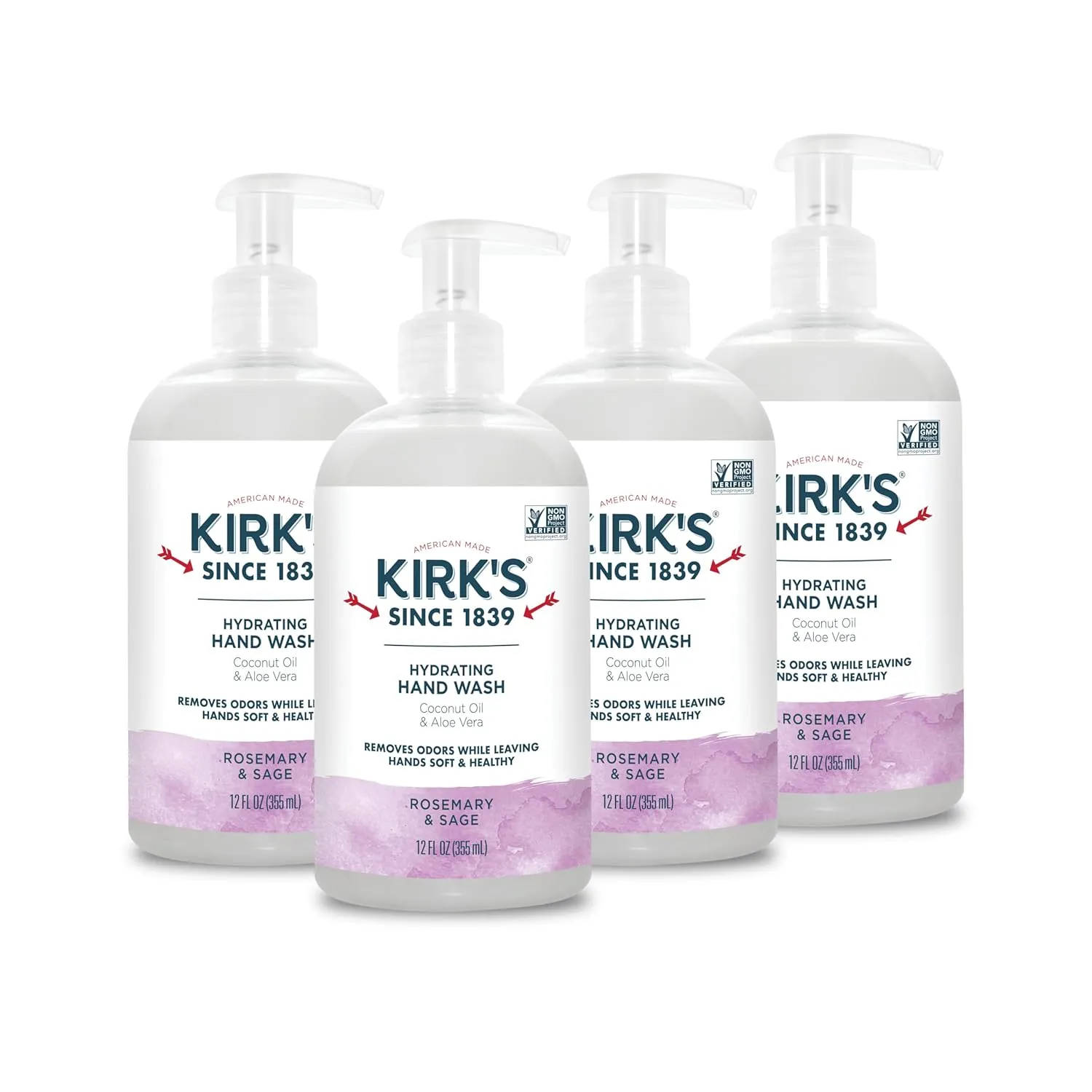 Kirk's Hydrating Hand Wash - Made with Coconut Oil and Aloe Vera, With Odor Neutralizing Technology To Help Eliminate Odors, Non-GMO, Vegan, Rosemary & Sage, 12 Fl Oz. 4 pack