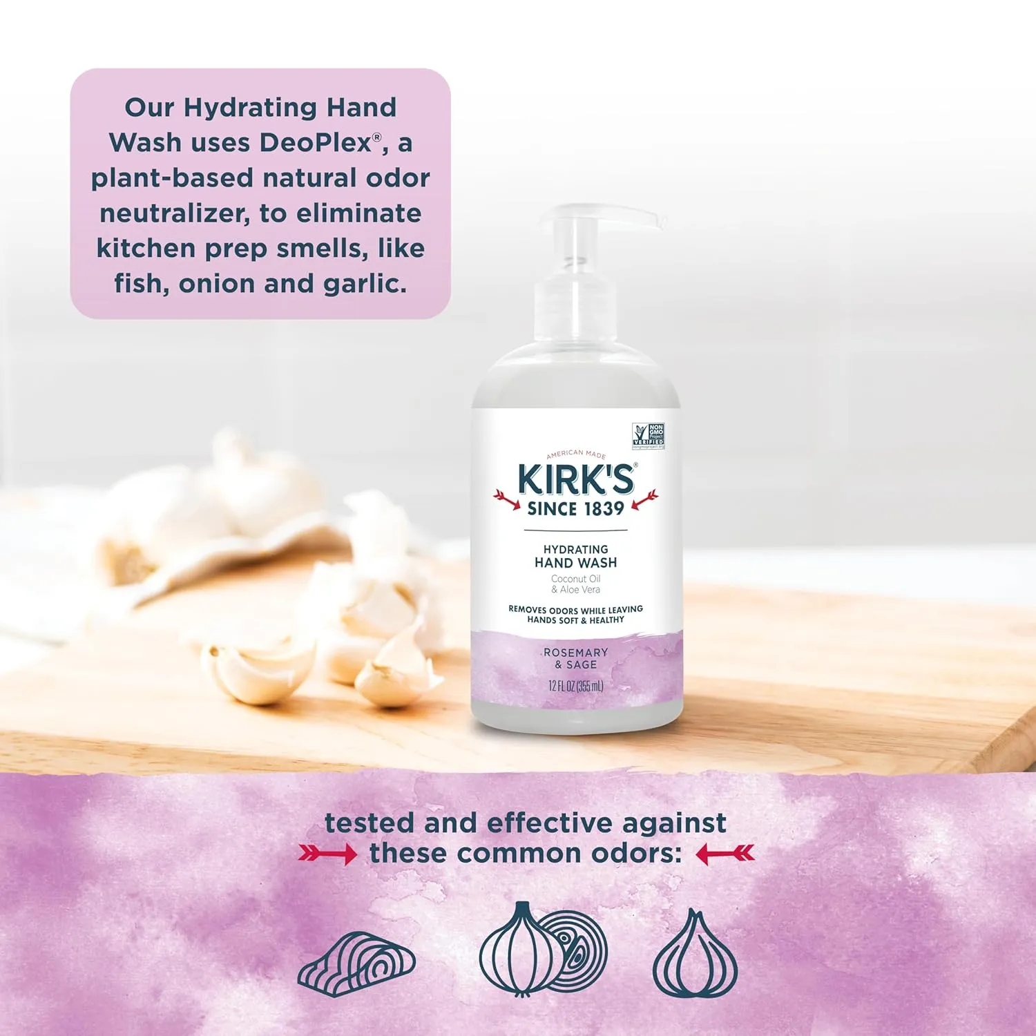 Kirk's Hydrating Hand Wash - Made with Coconut Oil and Aloe Vera, With Odor Neutralizing Technology To Help Eliminate Odors, Non-GMO, Vegan, Rosemary & Sage, 12 Fl Oz. 4 pack