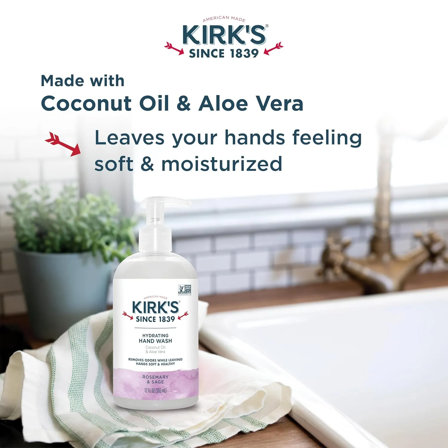 Kirk's Hydrating Hand Wash - Made with Coconut Oil and Aloe Vera, With Odor Neutralizing Technology To Help Eliminate Odors, Non-GMO, Vegan, Rosemary & Sage, 12 Fl Oz. 4 pack