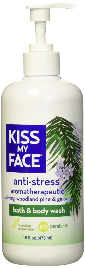 Kiss My Face Anti-Stress Woodland Pine & Ginseng Shower Gel - Rejuvenate Your Mood With Ginseng & Woodland Pine - Antioxidant Blend of Olive Oil, Aloe & Vitamin E - 16 fl oz Bottle