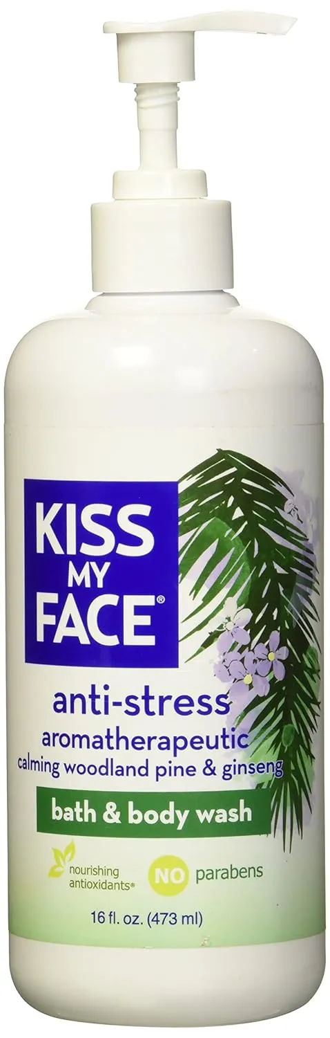 Kiss My Face Anti-Stress Woodland Pine & Ginseng Shower Gel - Rejuvenate Your Mood With Ginseng & Woodland Pine - Antioxidant Blend of Olive Oil, Aloe & Vitamin E - 16 fl oz Bottle