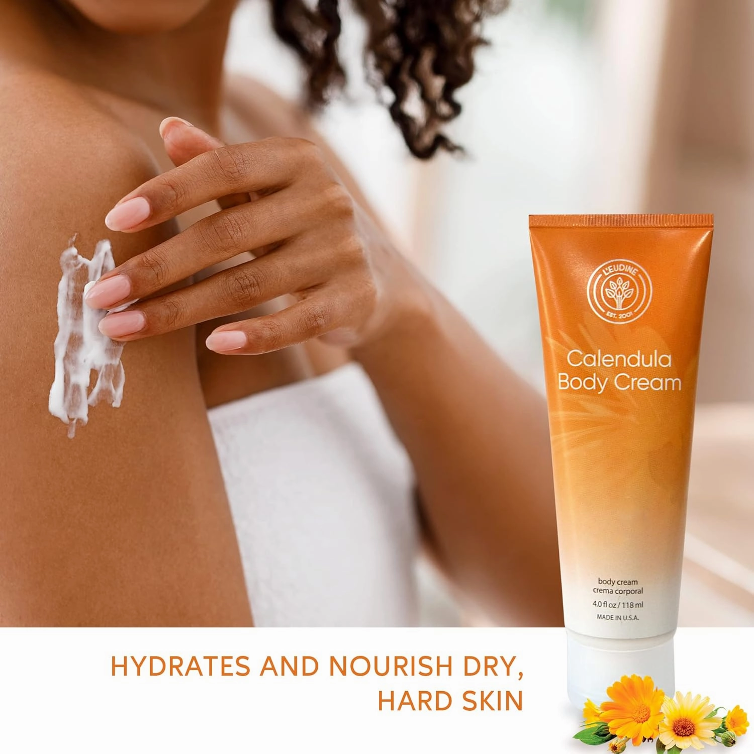 L’EUDINE Calendula Cream – 4fl oz Calendula Body Cream for Acne, Wrinkles, Fine Lines, Scars – Calming and Soothing Repair Cream – Natural Calendula Extract with Vitamin E, Echinacea