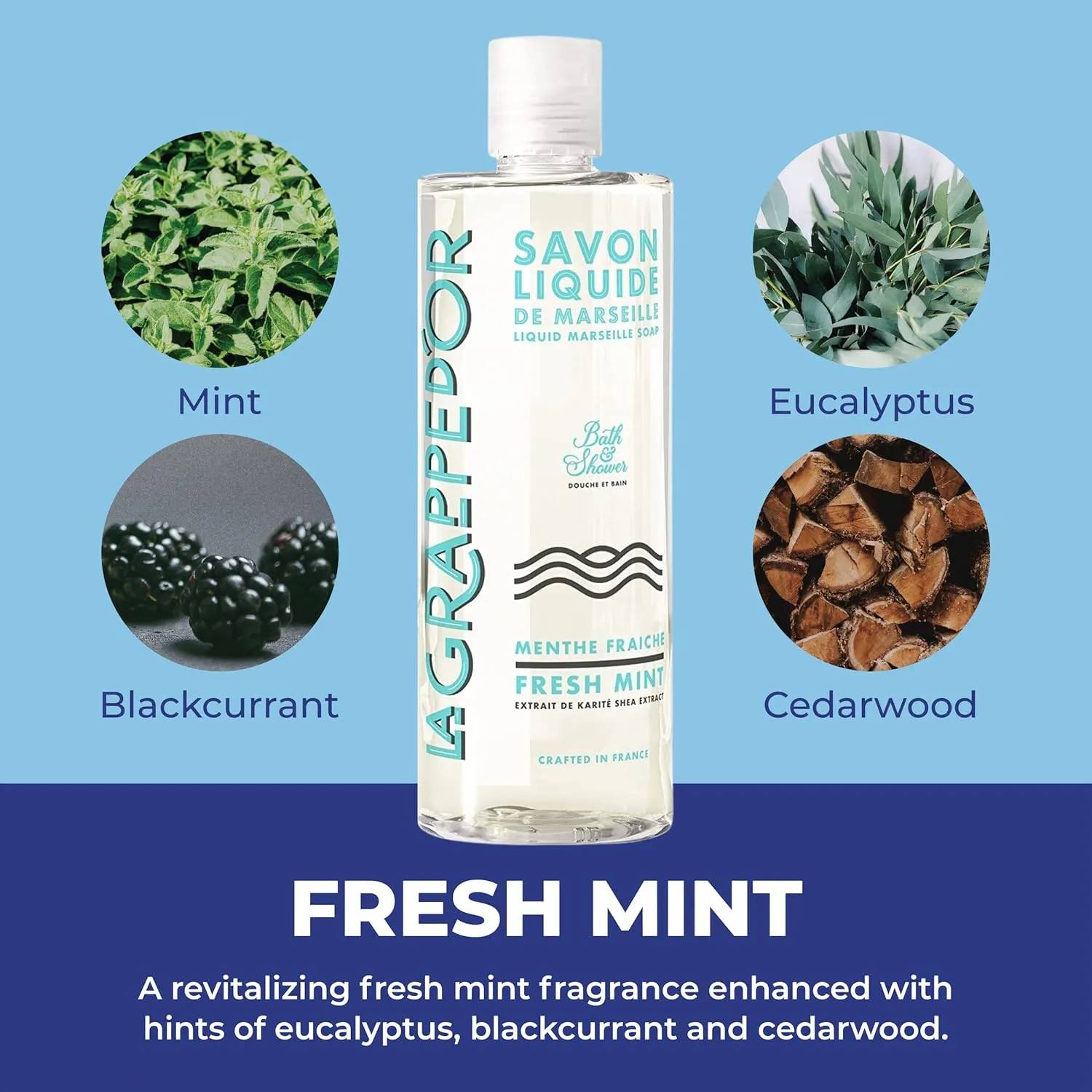 La Grappe d'Or Fresh Mint Marseille Soap Body Wash Enriched with Moisturizing Shea & Essential Oils | Made in France from Organic Olive & Coconut Oil | Natural, Cruelty-Free & Vegan, 13.5 oz Liquid