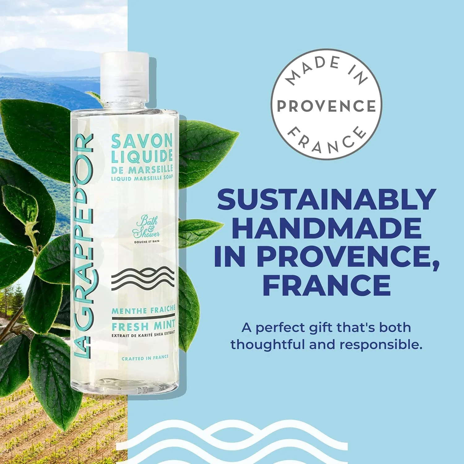 La Grappe d'Or Fresh Mint Marseille Soap Body Wash Enriched with Moisturizing Shea & Essential Oils | Made in France from Organic Olive & Coconut Oil | Natural, Cruelty-Free & Vegan, 13.5 oz Liquid