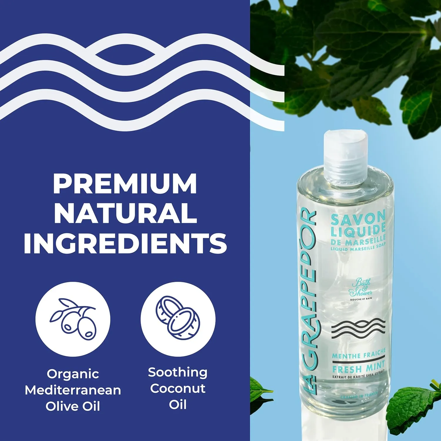 La Grappe d'Or Fresh Mint Marseille Soap Body Wash Enriched with Moisturizing Shea & Essential Oils | Made in France from Organic Olive & Coconut Oil | Natural, Cruelty-Free & Vegan, 13.5 oz Liquid