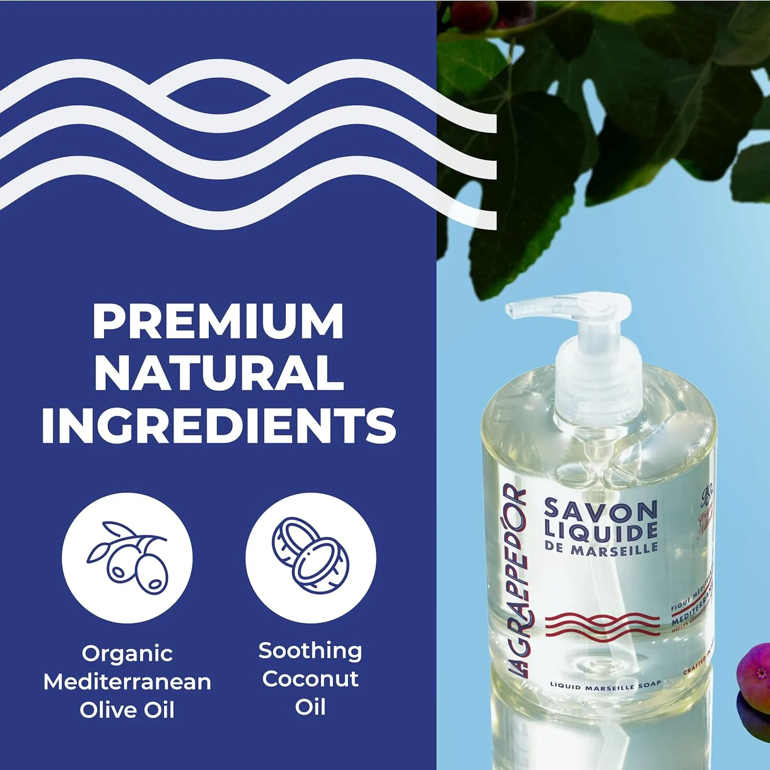 La Grappe d'Or Mediterranean Fig Marseille Hand Soap with Essential Oils | Handmade in France from Moisturizing Organic Olive & Coconut Oil | Natural, Cruelty-Free & Vegan, 16.90 oz Liquid