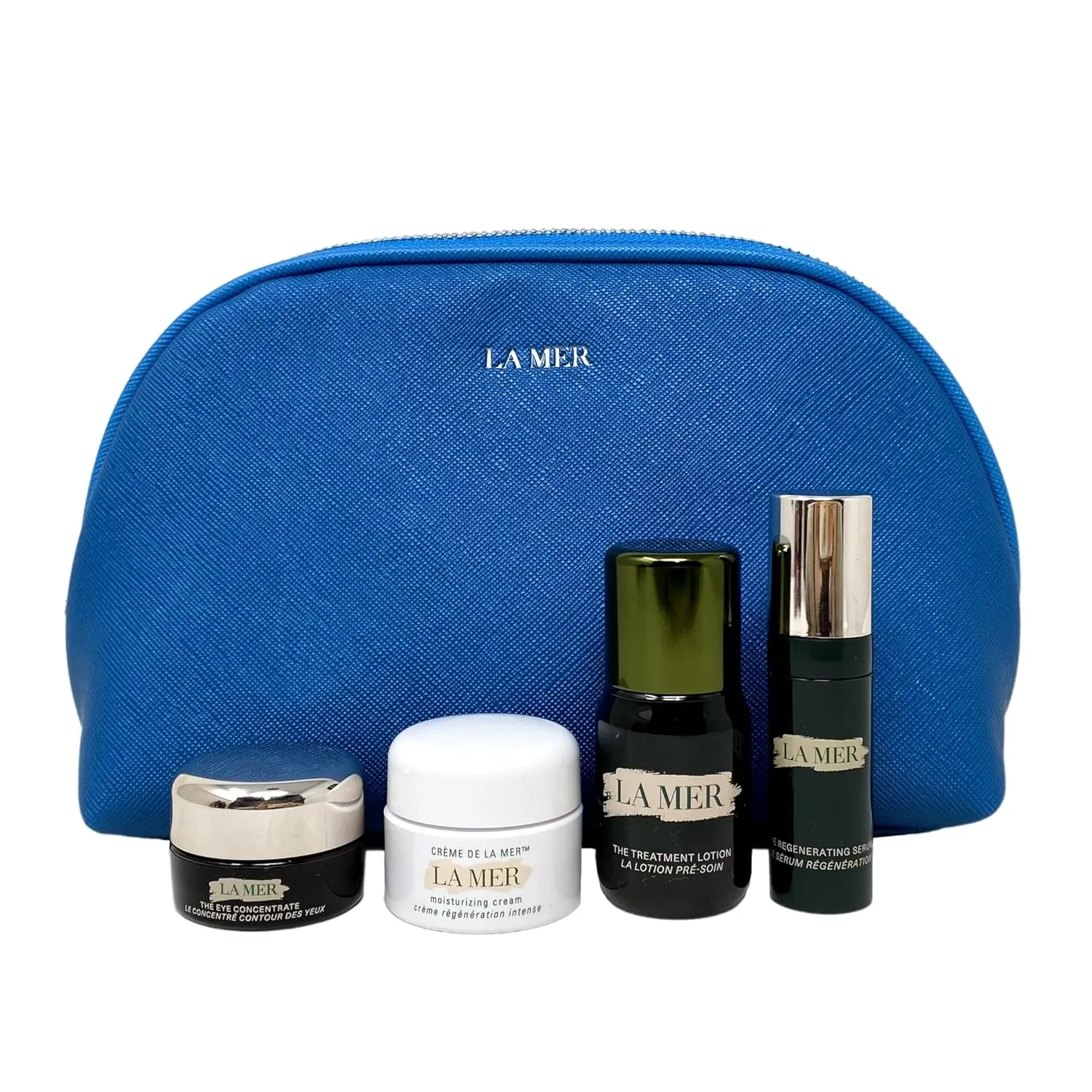 La Mer 4 Piece Skincare Travel Set with a Blue Travel Pouch - Regenerating Serum - Treatment Lotion - Eye Cream - Moisturizing Cream - Travel Size