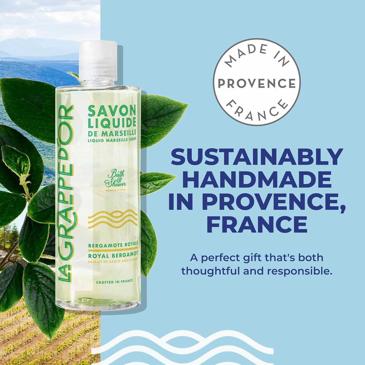 La Grappe d'Or Royal Bergamot Marseille Soap Body Wash Enriched with Moisturizing Shea & Essential Oils | Made in France from Organic Olive & Coconut Oil | Natural, Cruelty-Free & Vegan, 13.5oz Liquid