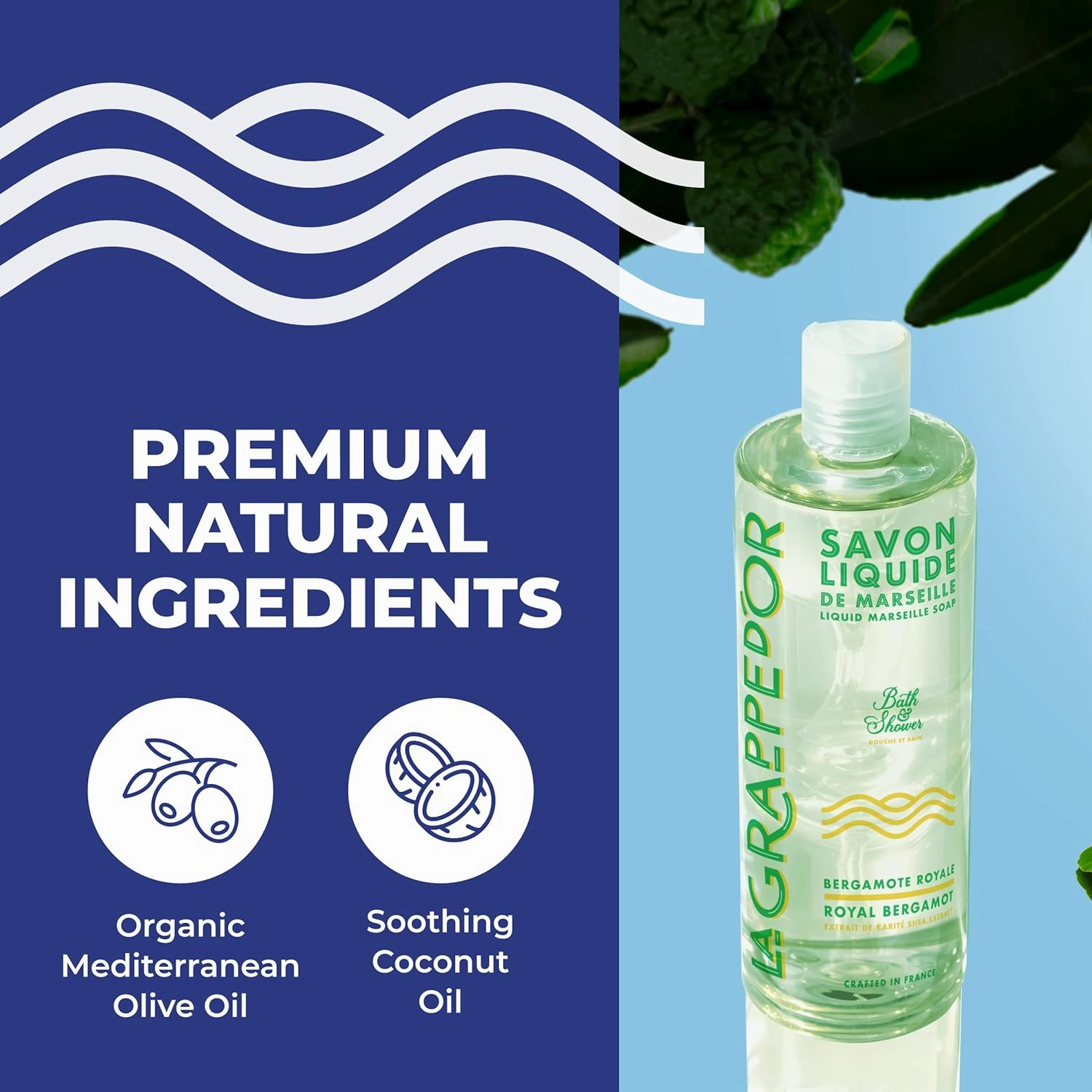 La Grappe d'Or Royal Bergamot Marseille Soap Body Wash Enriched with Moisturizing Shea & Essential Oils | Made in France from Organic Olive & Coconut Oil | Natural, Cruelty-Free & Vegan, 13.5oz Liquid