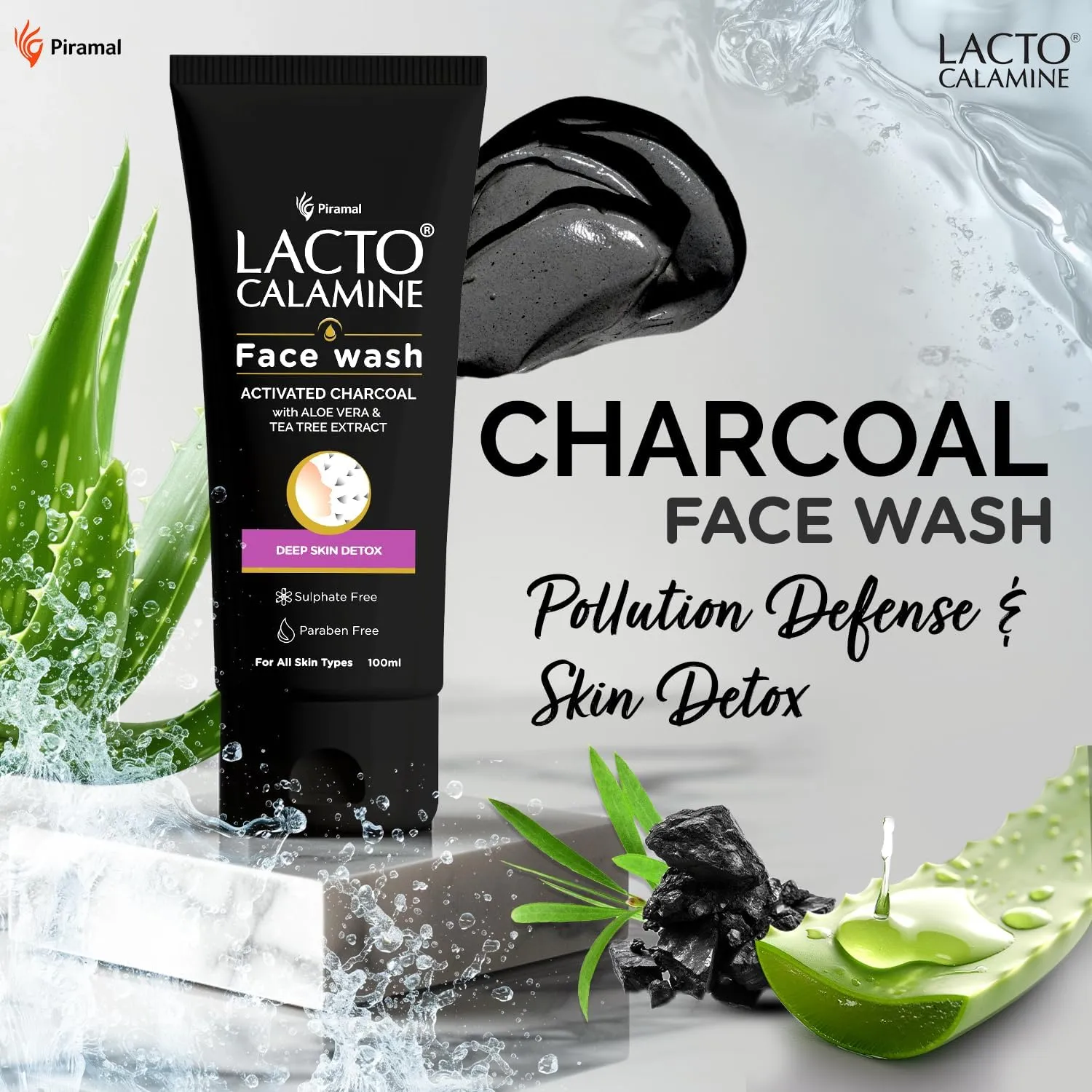 L.acto Calamine Activated Charcoal Face Wash with Aloe Vera & Tea Tree Extract for Deep Skin Detox. Removes impurities and fights blackheads & whiteheads. No Parabens, No Sulphates - 100 ml (1)