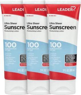 LEADER Travel Sunscreen SPF 100 , Ultra Sheer Dry-Touch Water Resistant and Non-Greasy Lotion with Broad Spectrum SPF 100 , 3 Fl Oz (3 Pack)