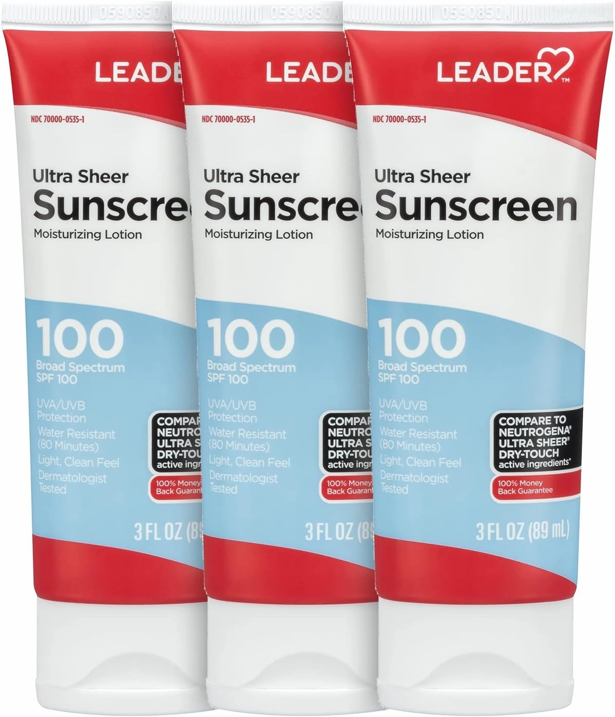 LEADER Travel Sunscreen SPF 100 , Ultra Sheer Dry-Touch Water Resistant and Non-Greasy Lotion with Broad Spectrum SPF 100 , 3 Fl Oz (3 Pack)