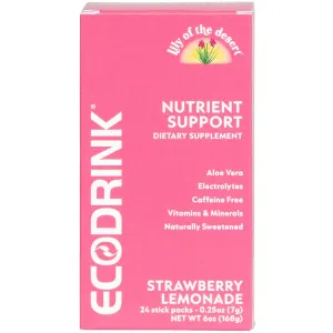 Lily of The Desert EcoDrink Nutrient Support Hydration Packets, Strawberry Lemonade – Naturally Sweetened Multivitamin Electrolyte Mix with Aloe, 24 Stick Packs/Box, 0.25 Oz Ea