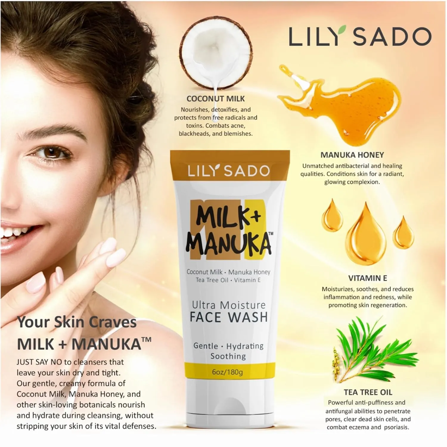 LILY SADO MILK MANUKA™ Coconut Milk & Manuka Honey Cream Face Cleanser – Natural Ultra Moisturizing Facial Wash Cleanses, Balances, Soothes & Hydrates - Large 6oz