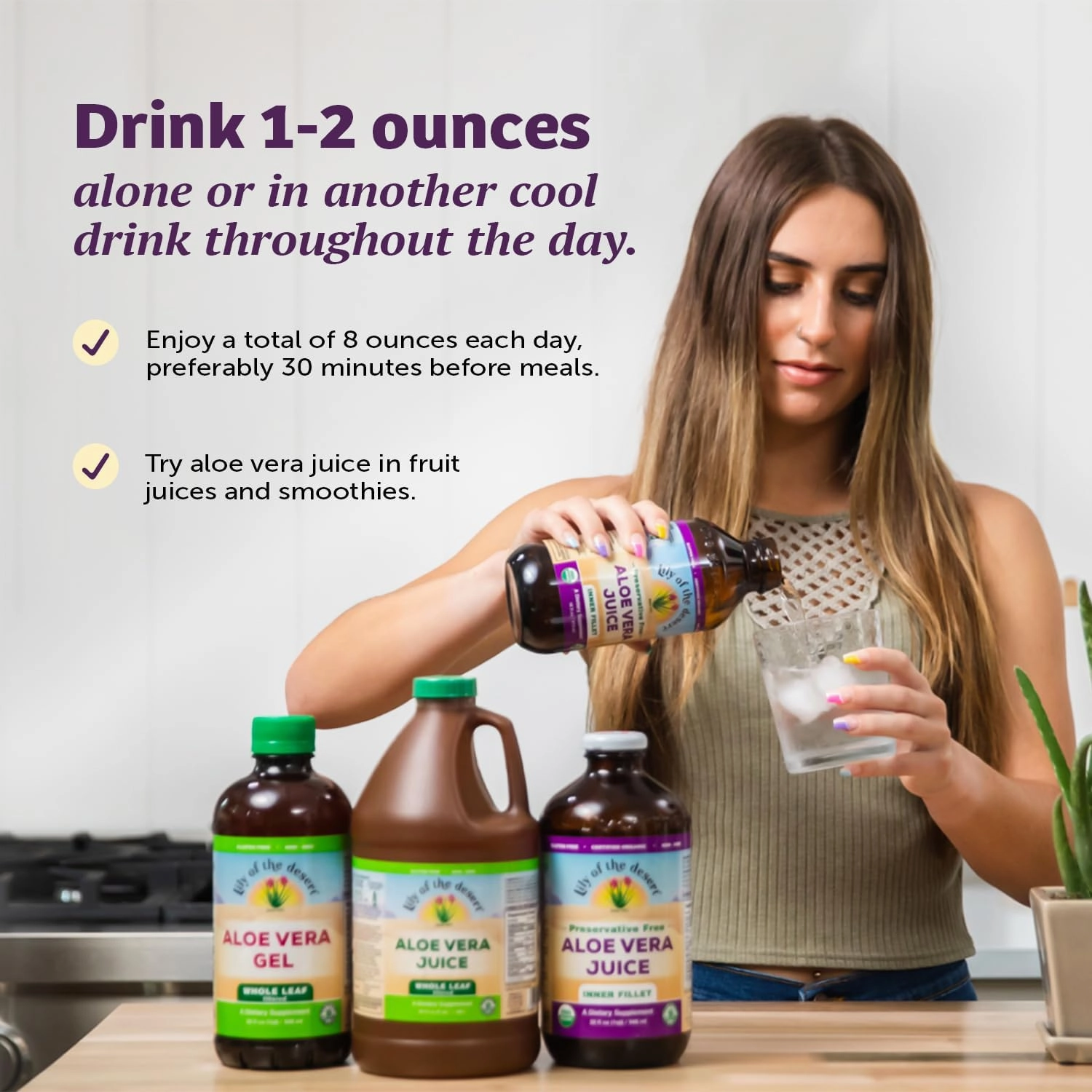 Lily of The Desert Aloe Vera Gel - Inner Fillet Thicker Consistency Aloe Vera Drink with Natural Vitamins, Digestive Enzymes for Gut Health, Stomach Relief, Wellness, Glowing Skin, 128 Fl Oz